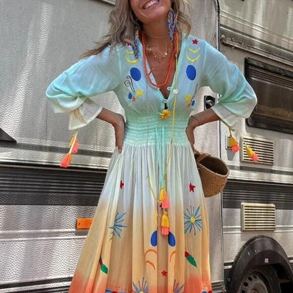 New Smocked Waist Gradient Colorful Maxi Resort Island Dress Size 2X - Picture 1 of 4